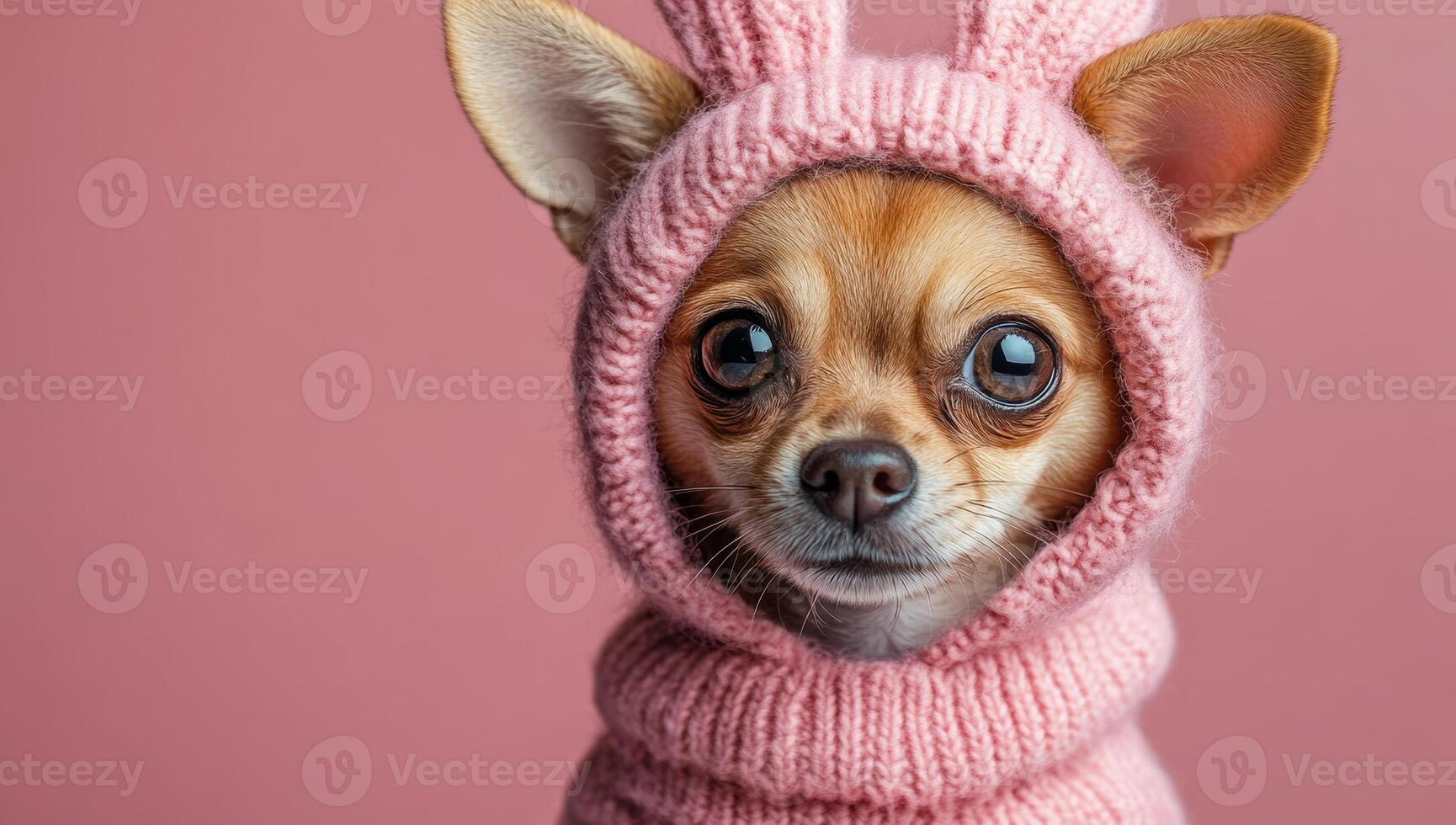 A chihuahua wearing a pink hat and a pink sweater. The dog has a cute and adorable expression on its face photo