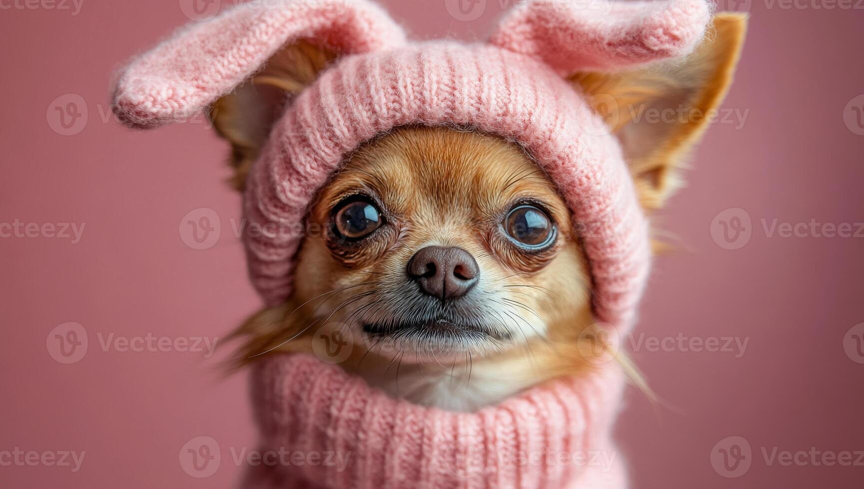 A chihuahua wearing a pink hat and a pink sweater. The dog has a cute and playful expression on its face photo