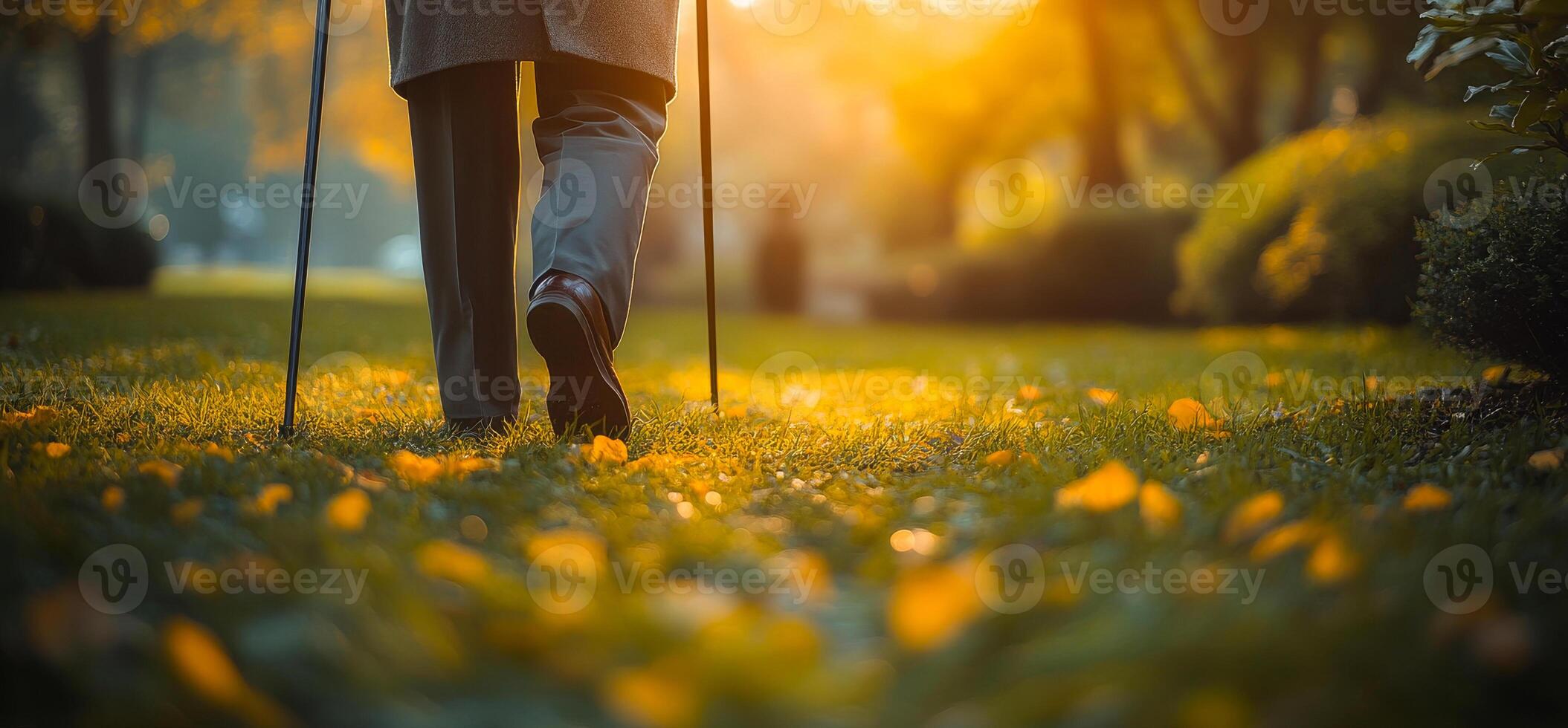 A person is walking in a park with a cane. The grass is green and the leaves are yellow photo