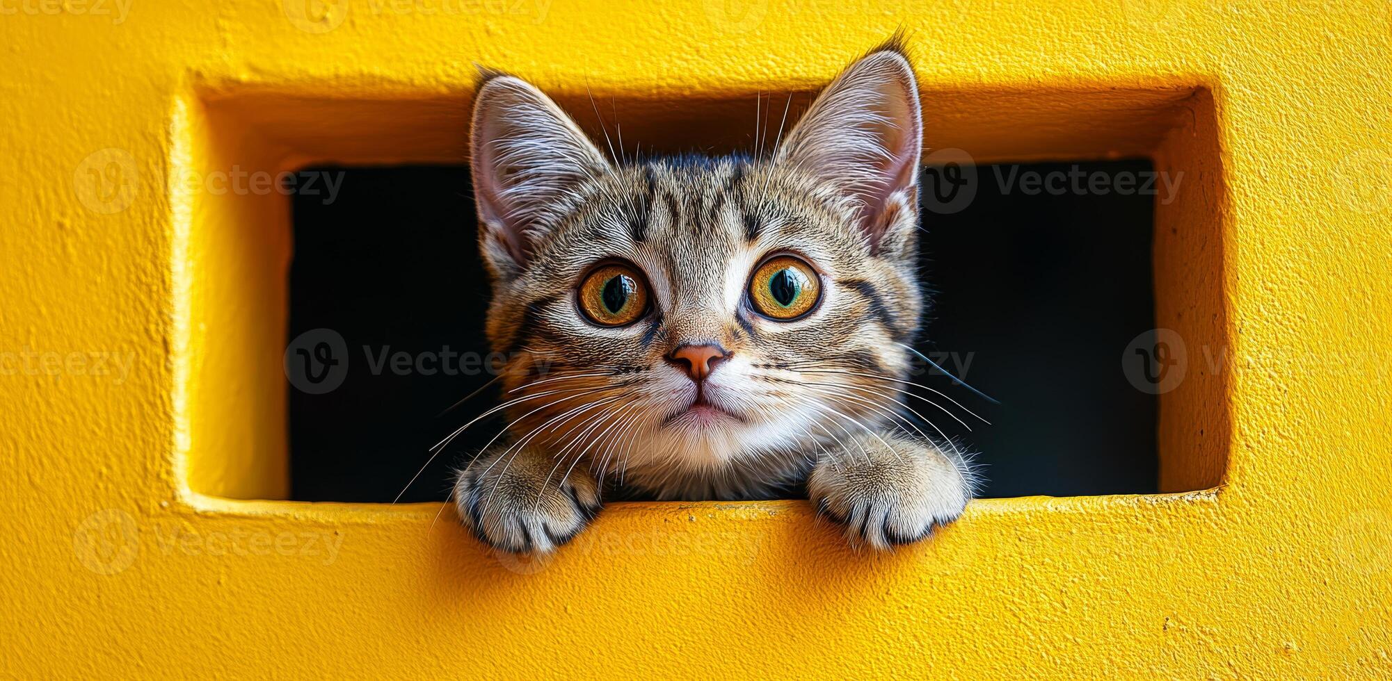 A cat is peeking out of a hole in a yellow wall. The cat is looking at the camera with a curious expression photo
