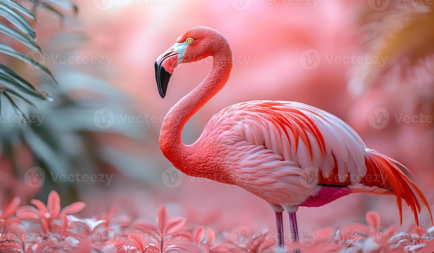 A pink flamingo stands in a pink and green background. The flamingo is the main focus of the image, and the pink and green colors create a vibrant and lively atmosphere photo