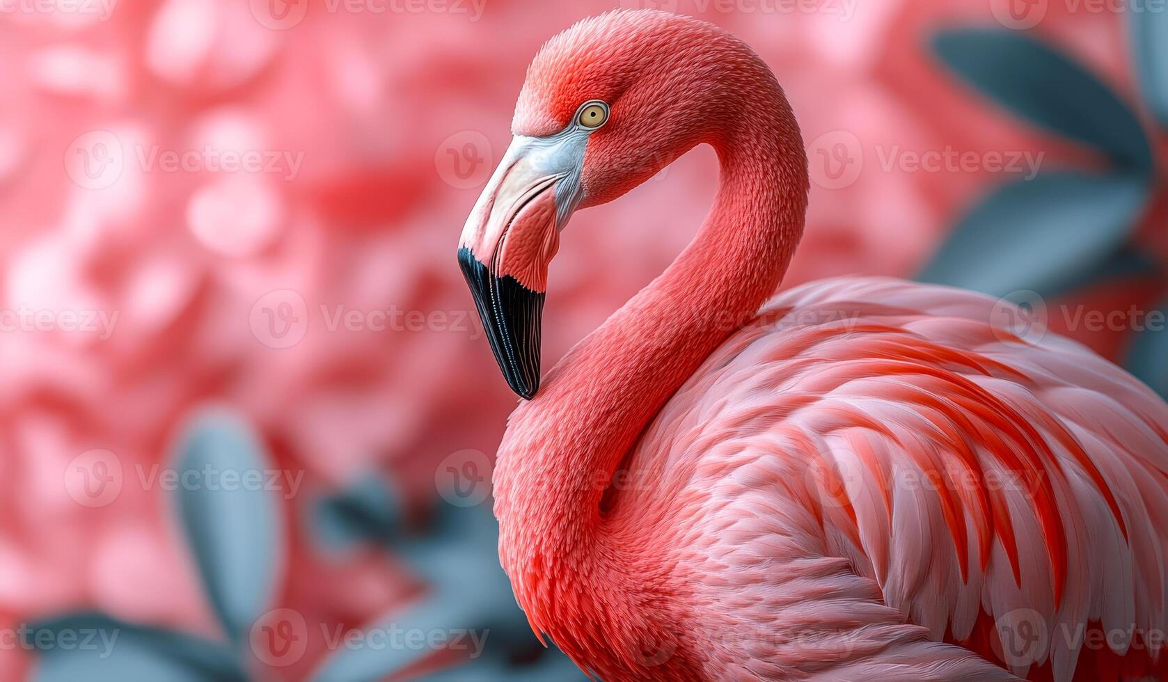 A pink flamingo stands in front of a pink background. The flamingo is the main focus of the image, and the pink background emphasizes its vibrant color. Concept of beauty and tranquility photo