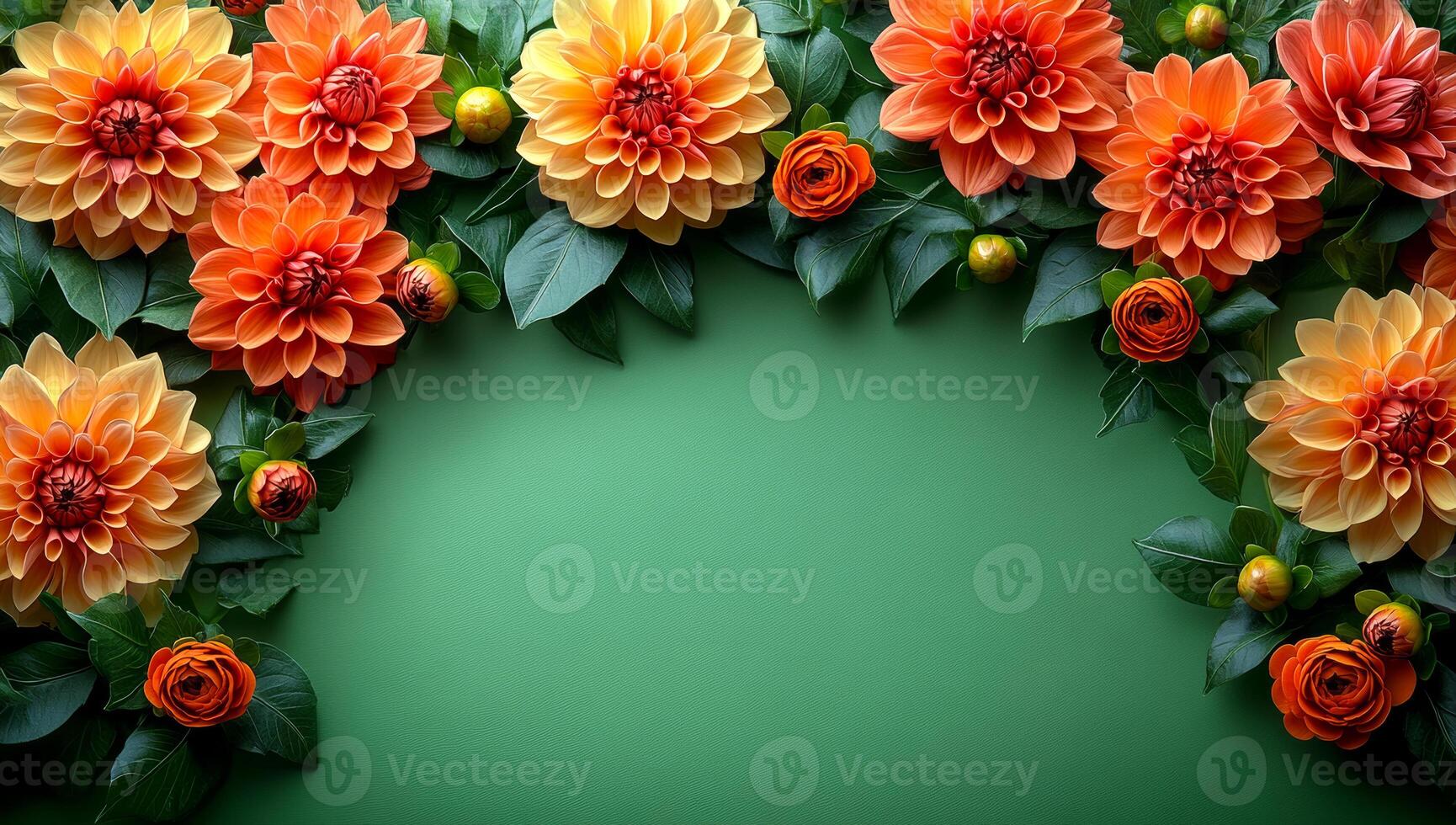 A green background with a bunch of orange flowers. The flowers are arranged in a way that they look like they are in a vase photo