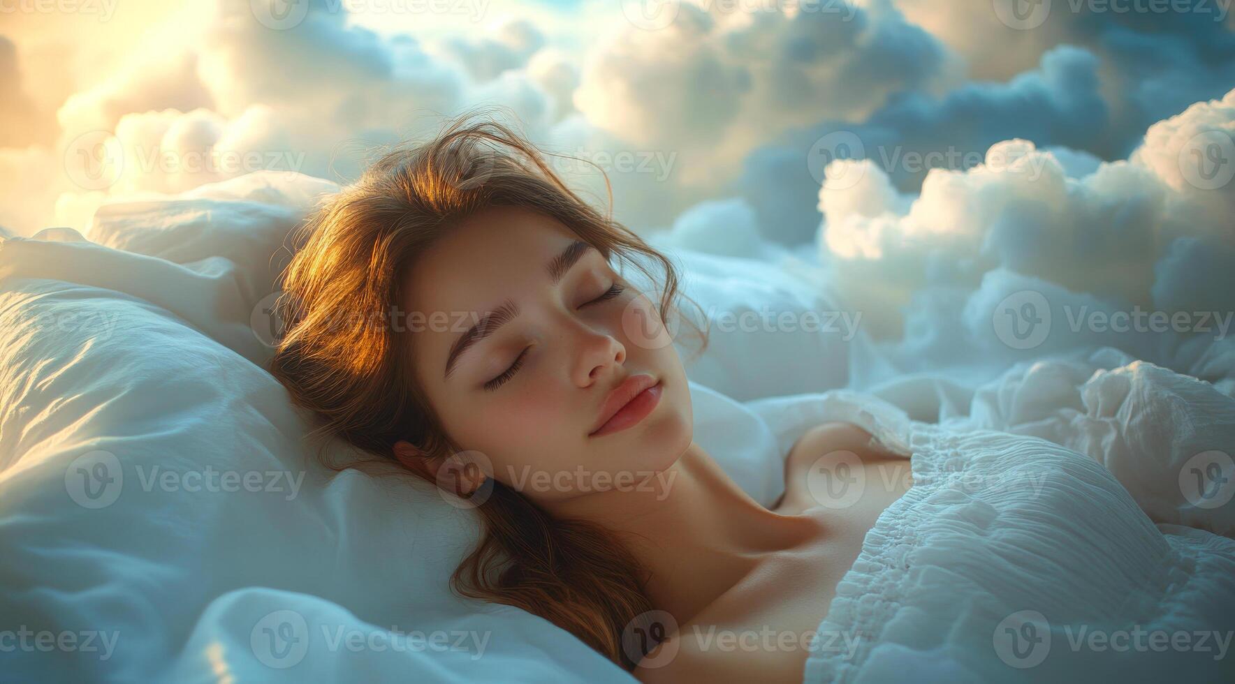A woman is sleeping on a bed with a white comforter. The bed is covered in clouds, giving the impression that the woman is sleeping in a dream photo