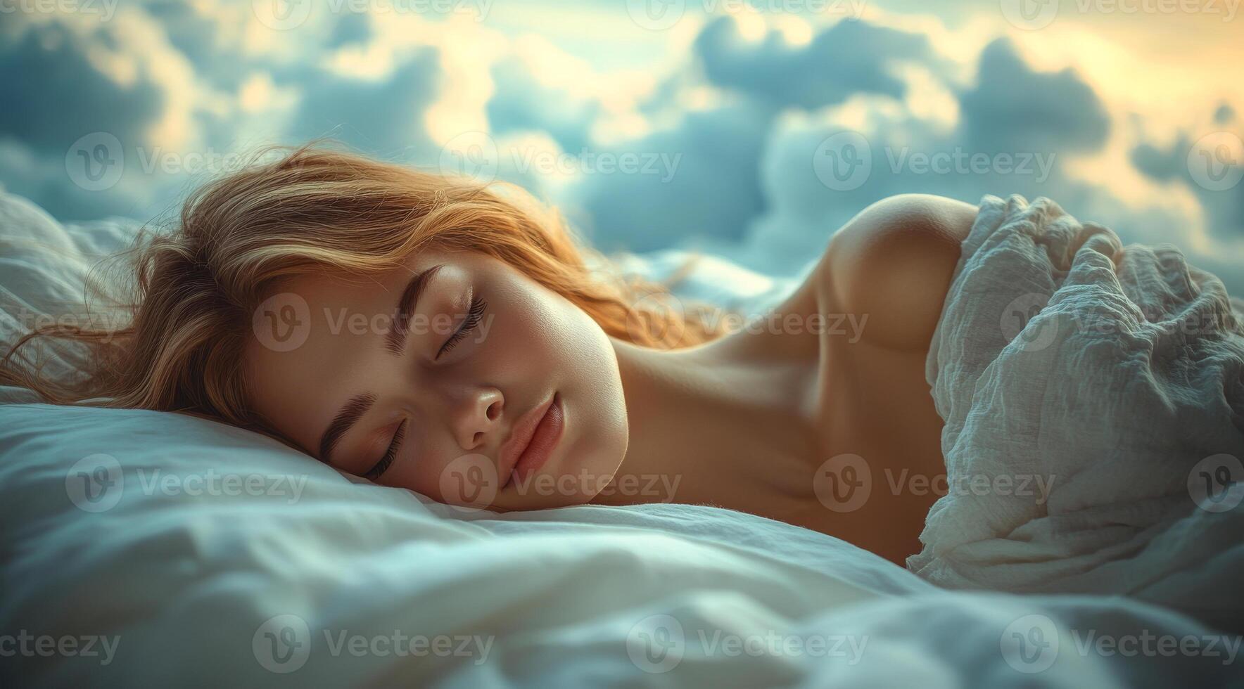 A woman is sleeping on a bed with a white blanket. The bed is covered in clouds, giving the scene a dreamy and peaceful atmosphere photo