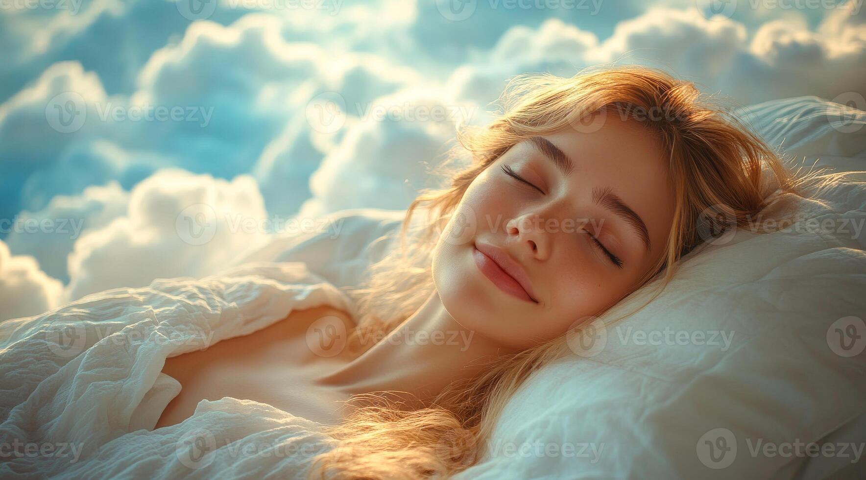 A woman is sleeping on a bed with a white pillow. She is smiling and she is in a peaceful state photo