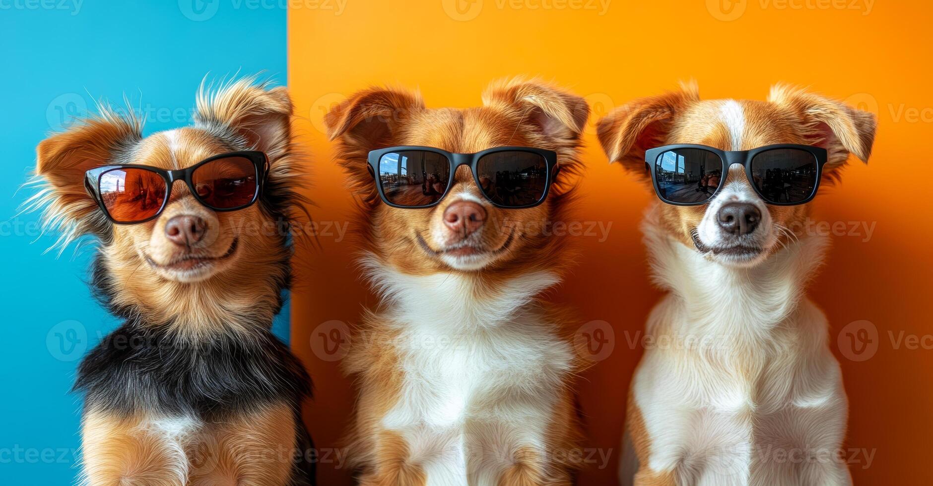 Three dogs wearing sunglasses and smiling. The dogs are posing for a photo, and their sunglasses add a fun and quirky element to the scene photo