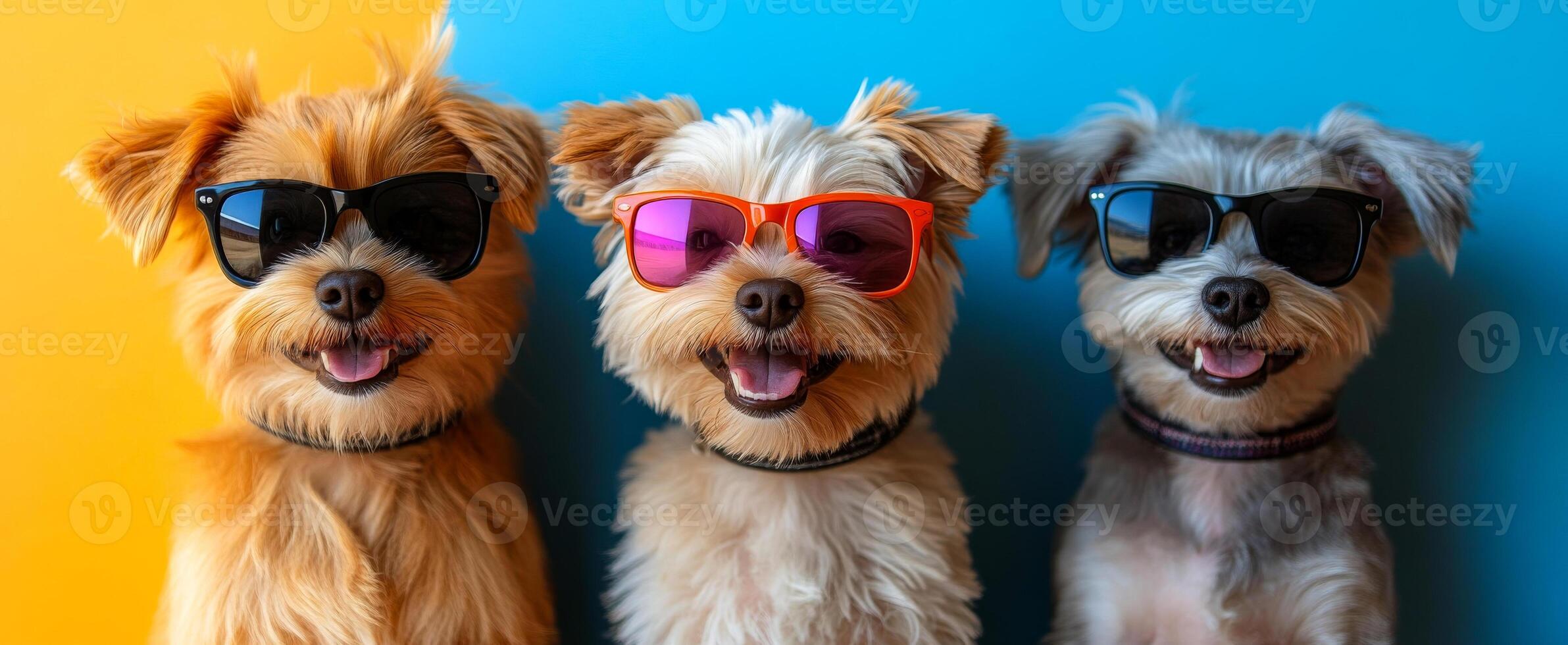 The dogs are posing for a photo, and their sunglasses add a fun and quirky element to the scene photo
