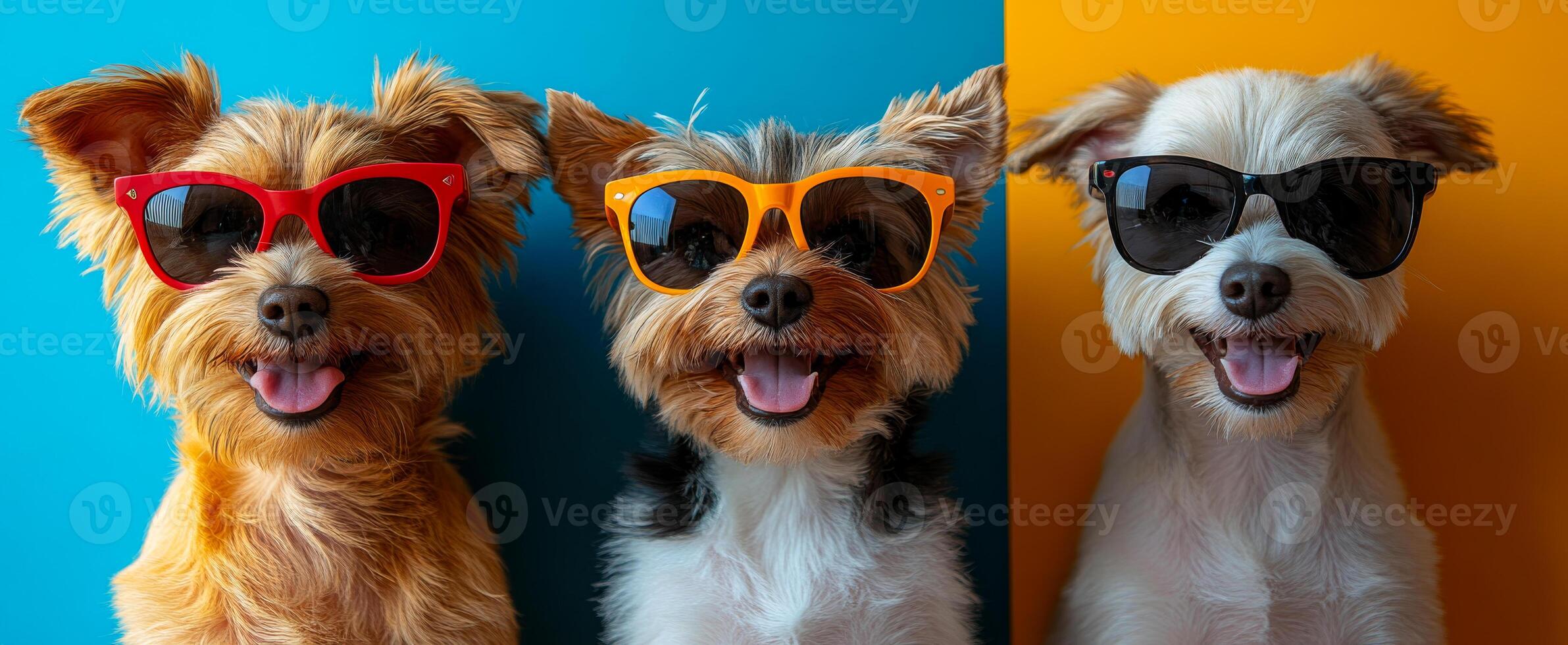 Three dogs wearing sunglasses and smiling. Scene is happy and playful. photo