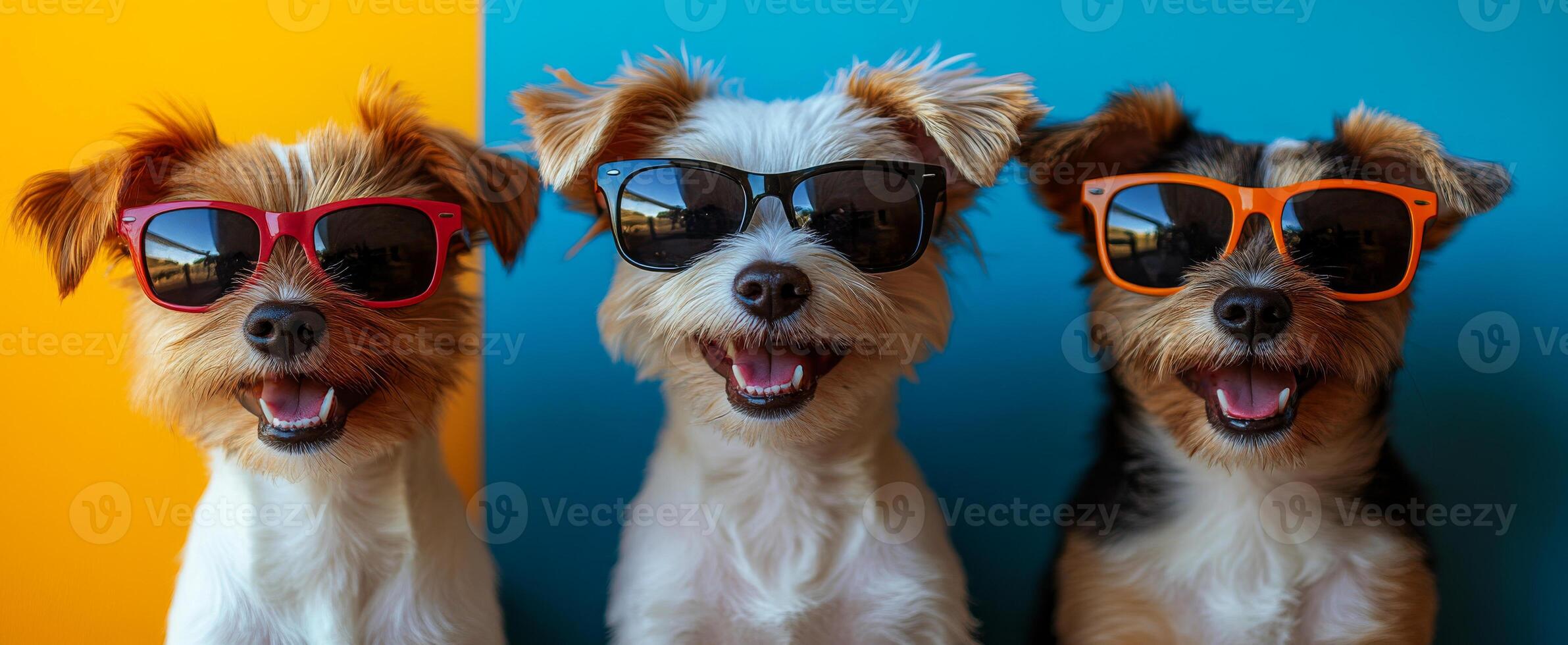 Three dogs wearing sunglasses and smiling. Scene is happy and playful. The dogs are posing photo
