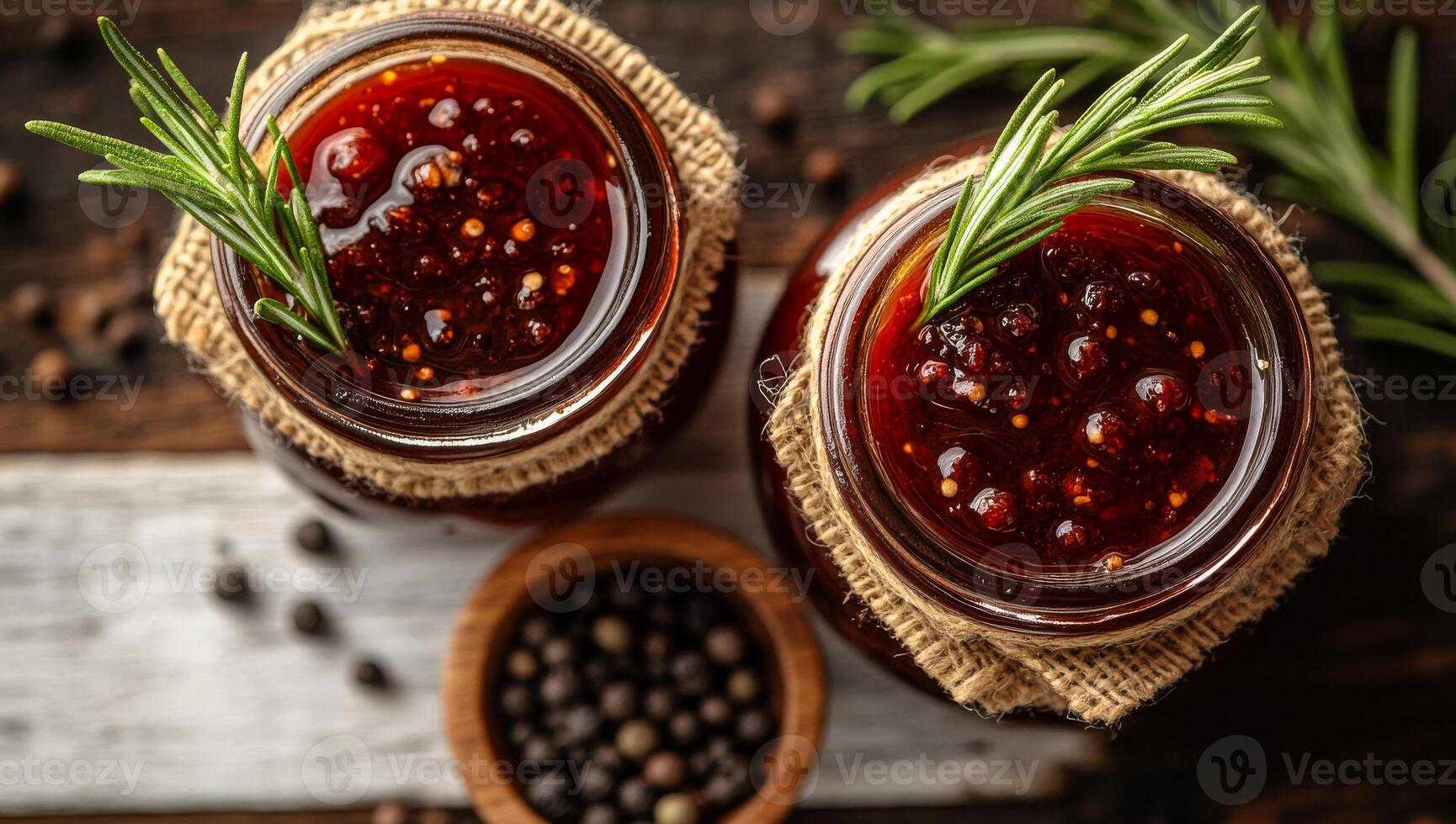 Two jars of sauce with rosemary on top. The jars are on a wooden table. There is a bowl of pepper on the table photo