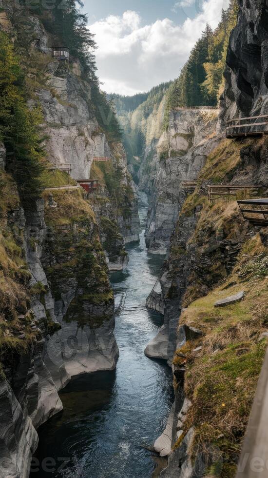 A river runs through a gorge in the mountains photo