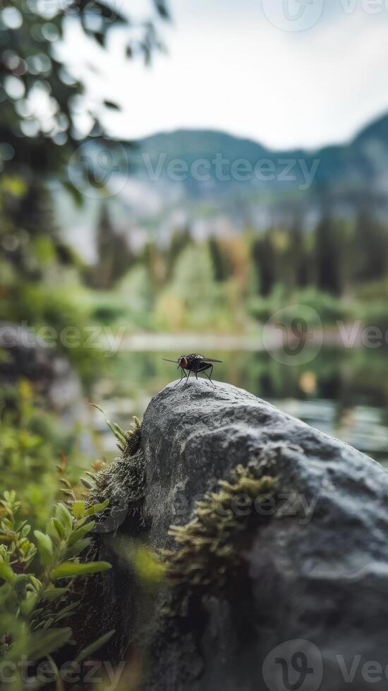 A fly sits on a rock near a lake photo
