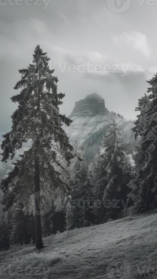 A black and white photo of a mountain with trees