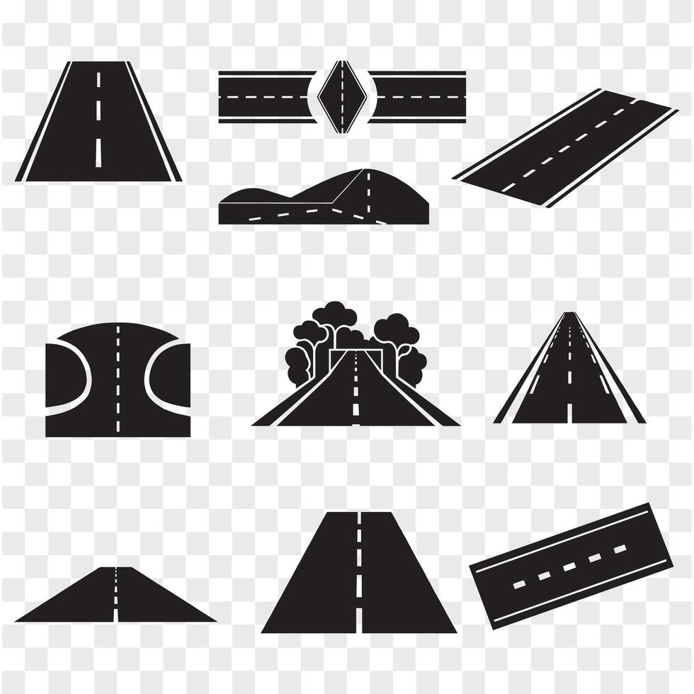 A series of black and white icons depicting essential road symbols and signs for transportation and navigation purposes vector