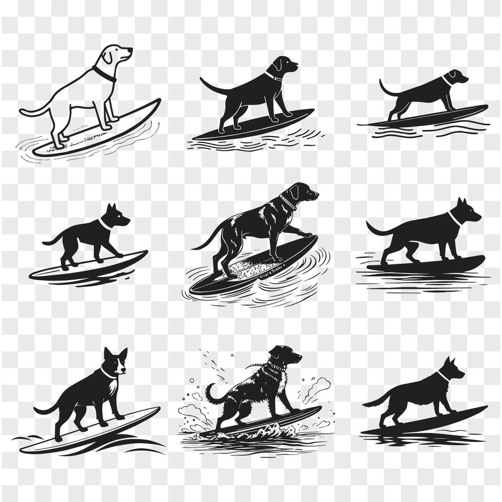 Dog on a Wave Surfing in Style black and white illustration clean white background vector