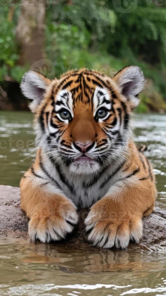 A tiger cub sitting on a rock in the water photo