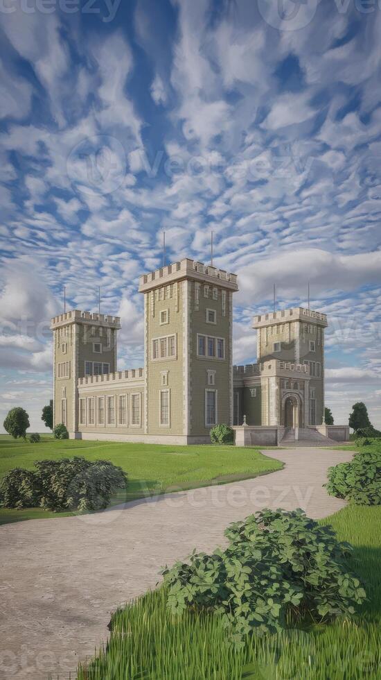 A 3d rendering of a castle in the middle of a field photo