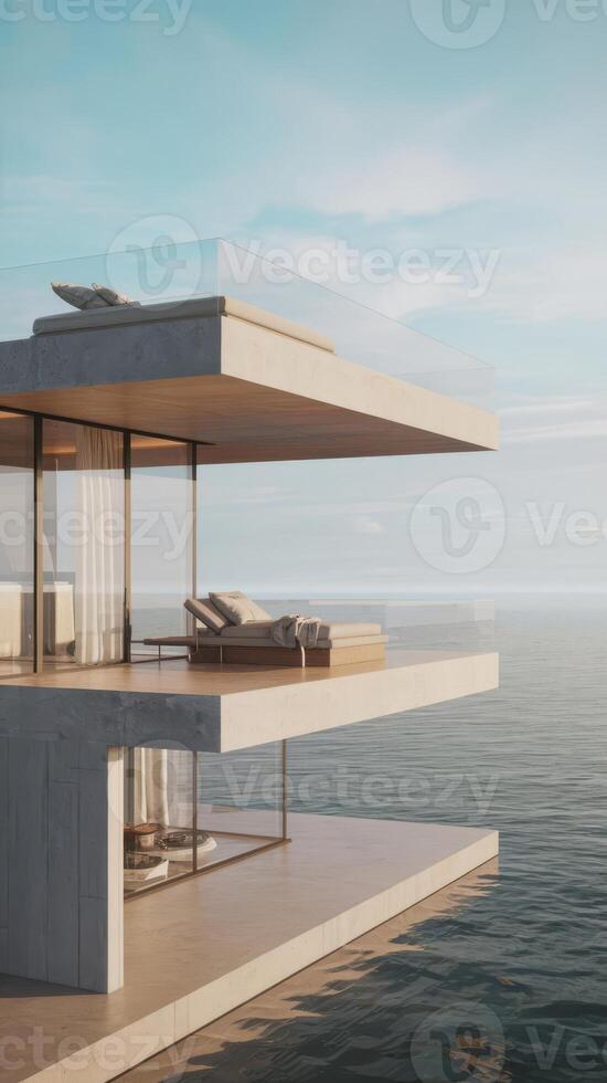 Modern house on the water with a balcony photo