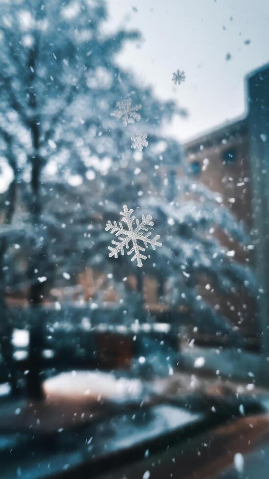 Snapshot of a small snowflake taken during a snowfall photo