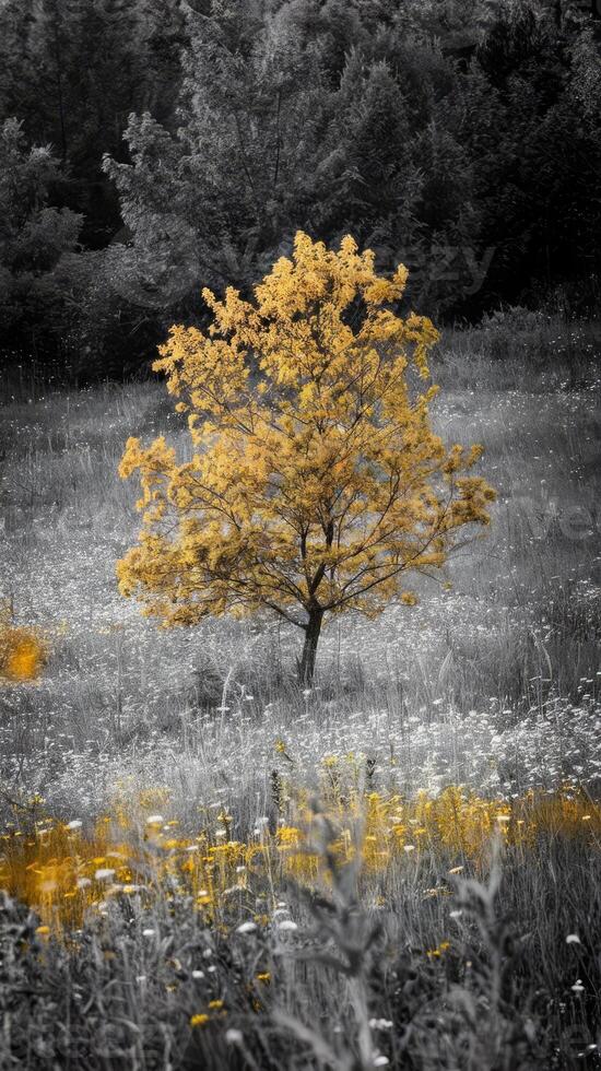 A black and white photo of a tree in a field