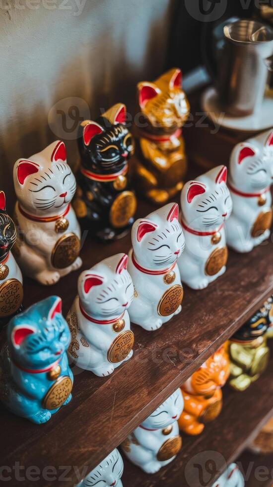 Maneki neko figurines on a shelf photo