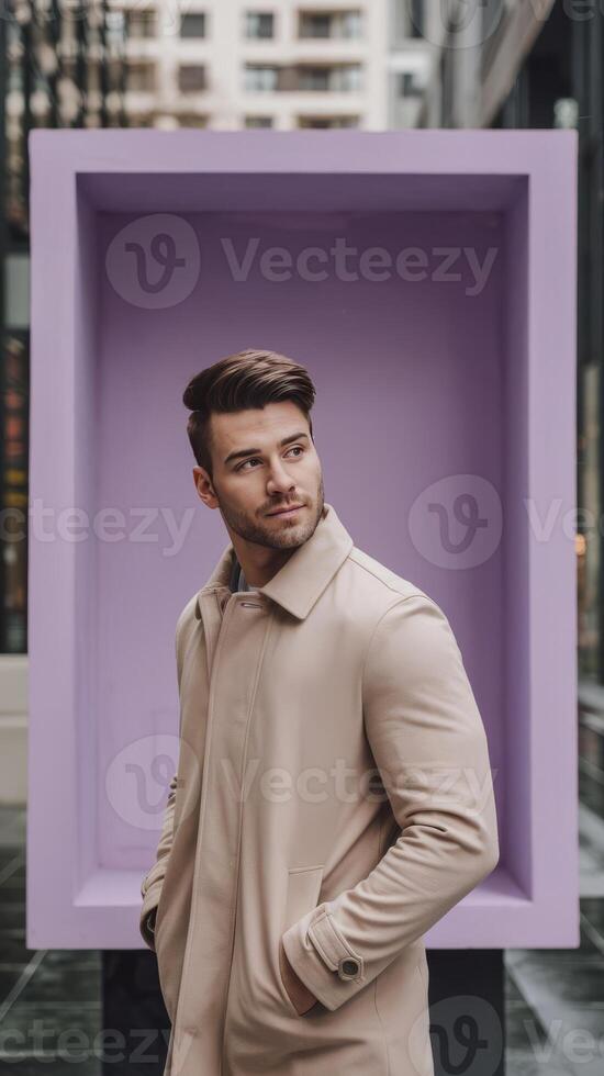 Man in a trench coat standing in front of a purple box photo