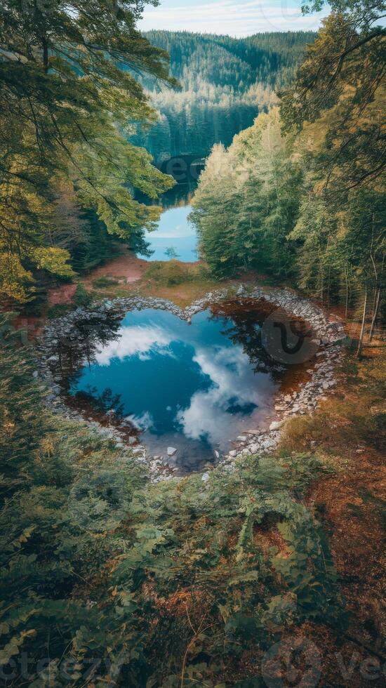 Heart shaped lake in the forest photo