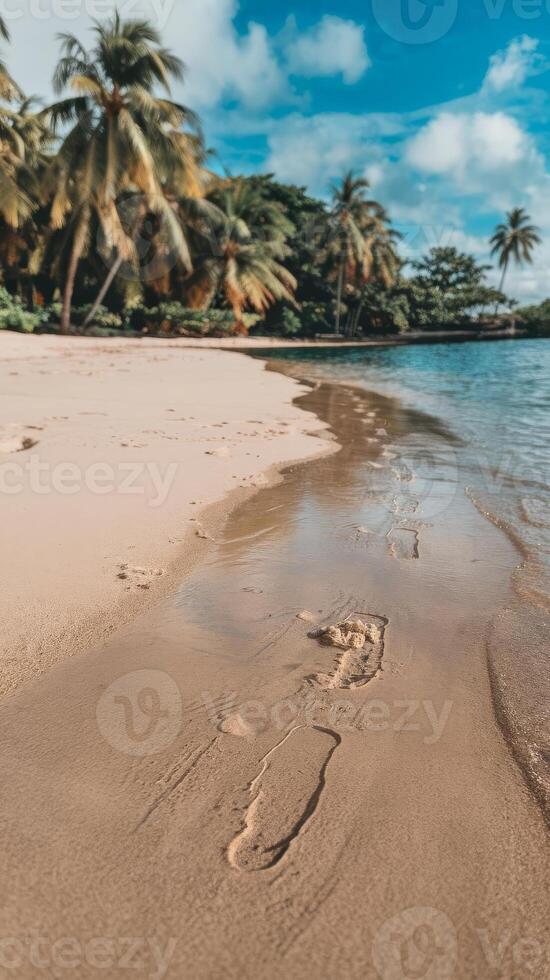 Footprints in the sand on a tropical beach photo
