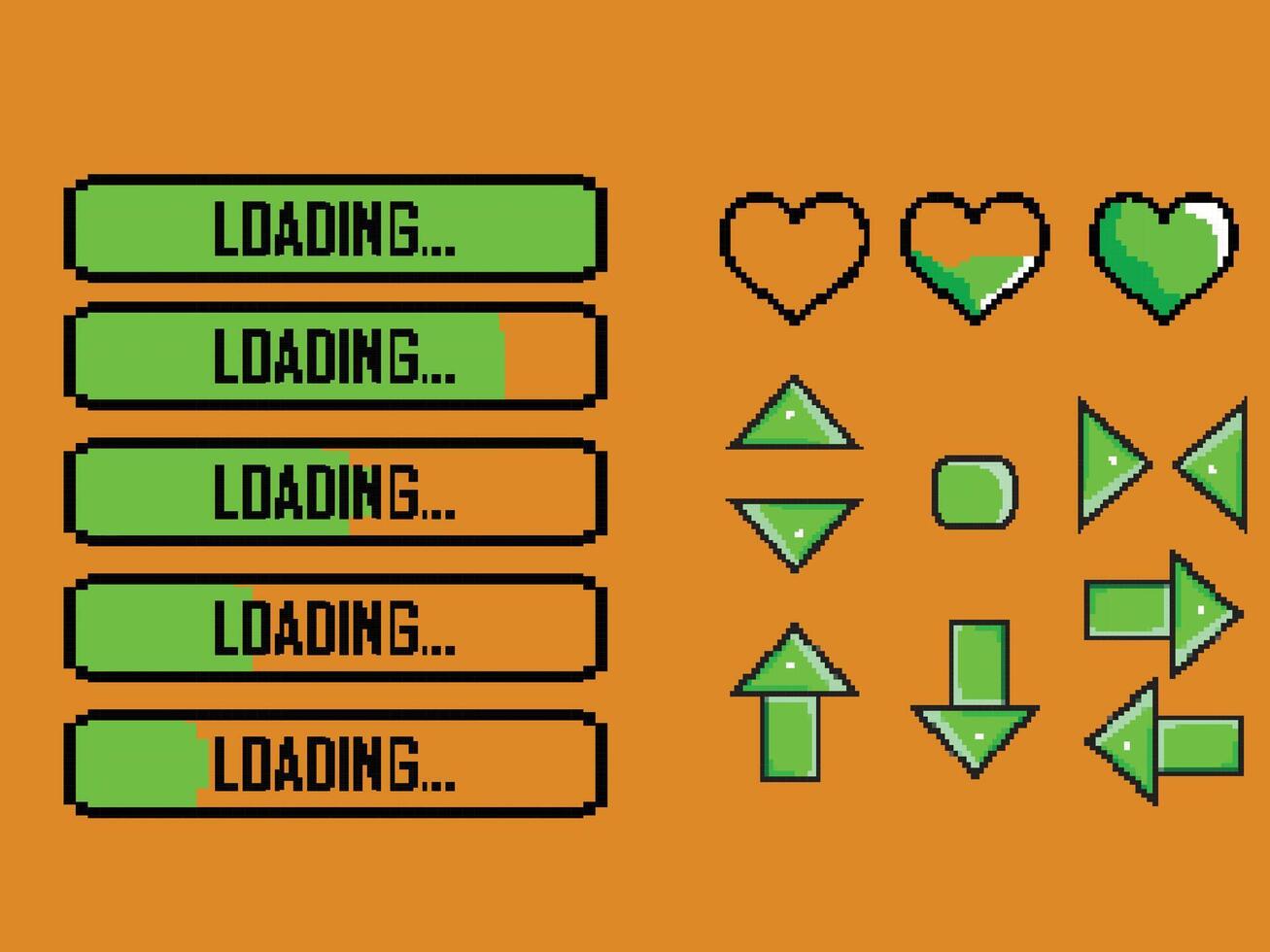 heart shape and loading icon elements pixel art vector