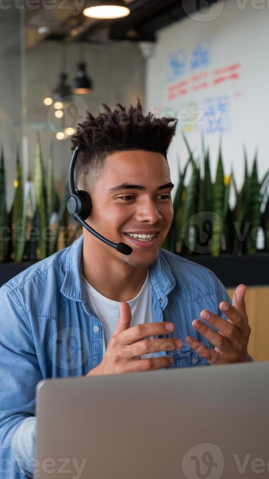 A man wearing a headset and smiling while using a laptop photo