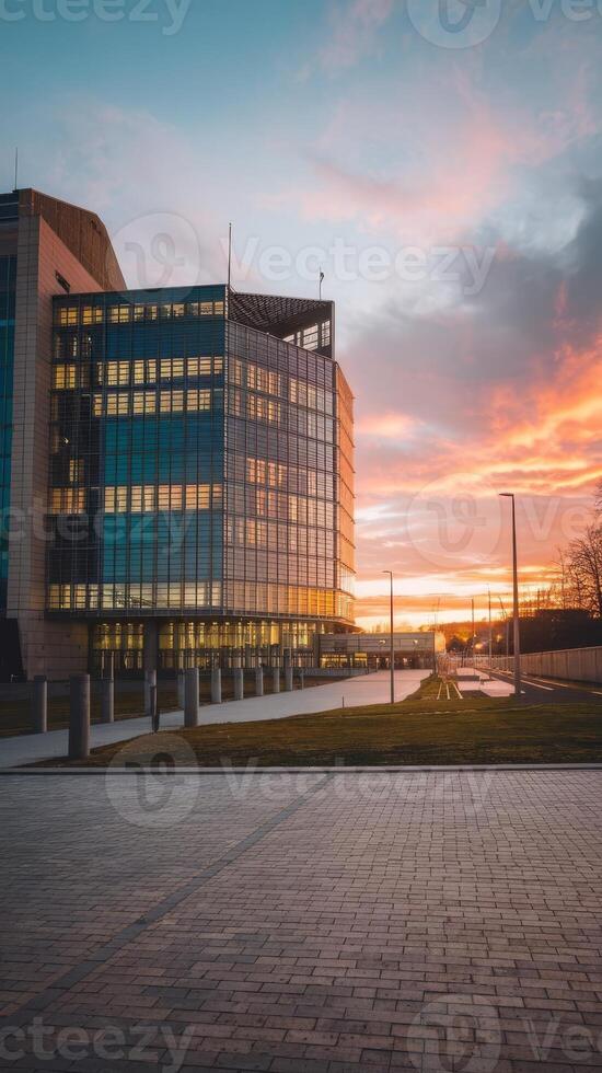 A building with a sunset in the background photo