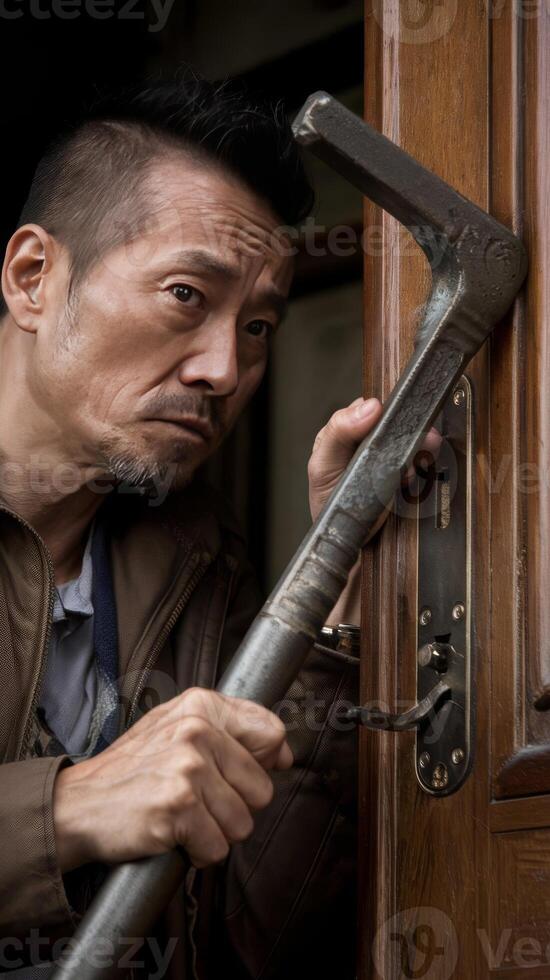 A man holding a hammer in front of a door photo