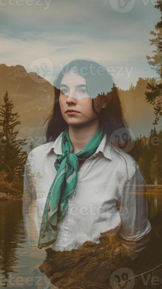 A woman in a white shirt and green scarf standing in front of a lake photo