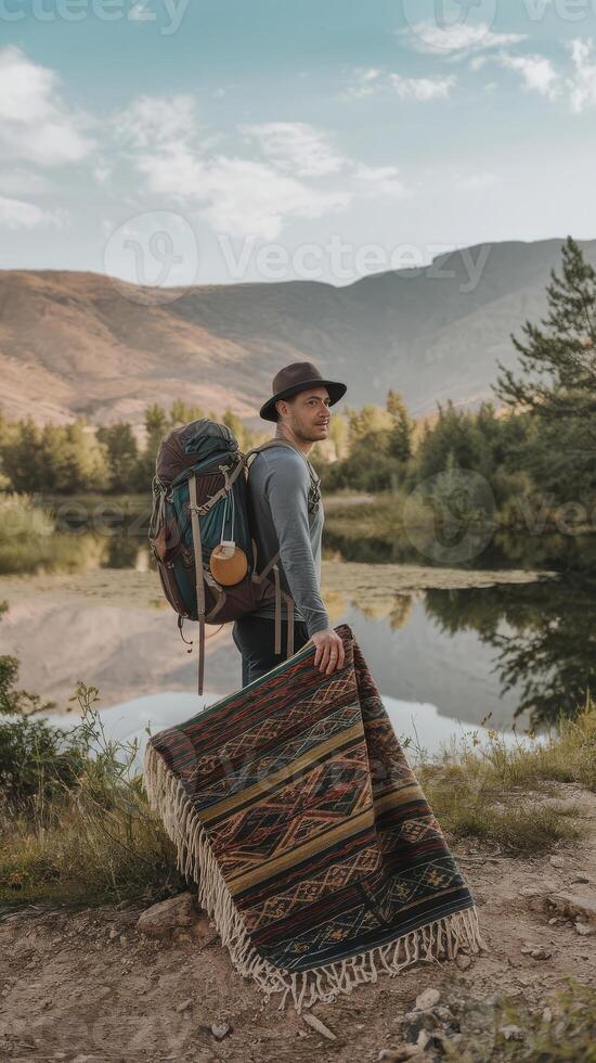 A man with a backpack standing near a river photo