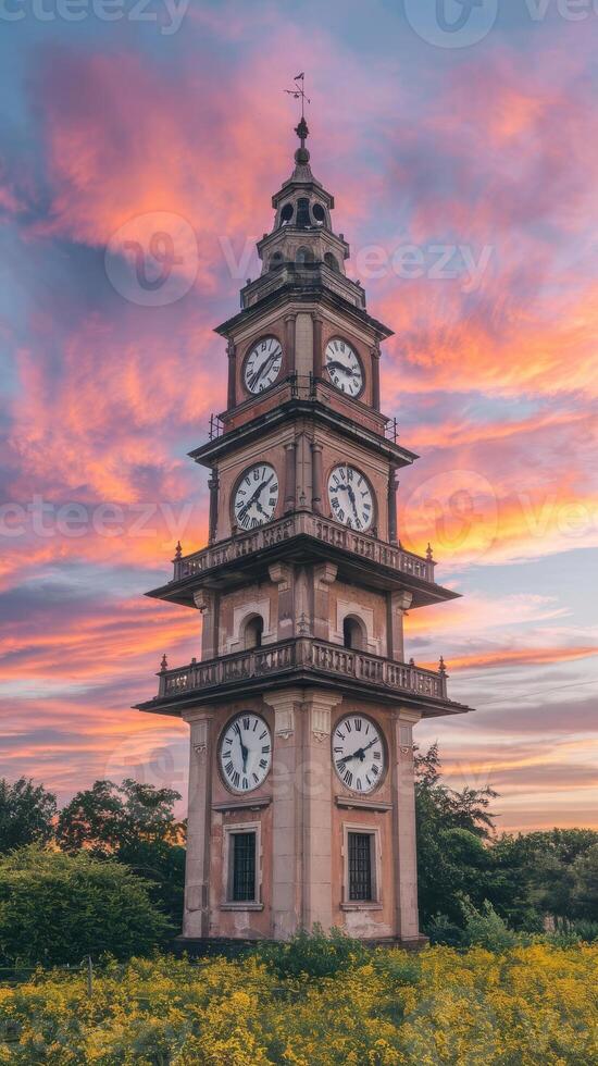 A tall tower with two clocks on top of it photo