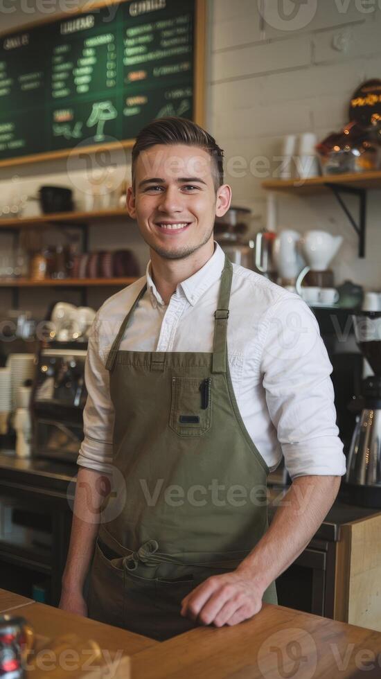 A smiling young man in an apron standing in front of a coffee shop photo