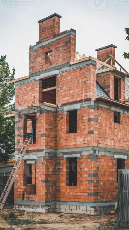 A house under construction with a ladder and scaffolding photo