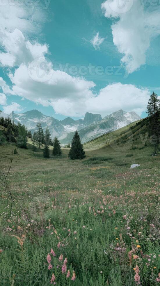 A field with flowers and mountains in the background photo