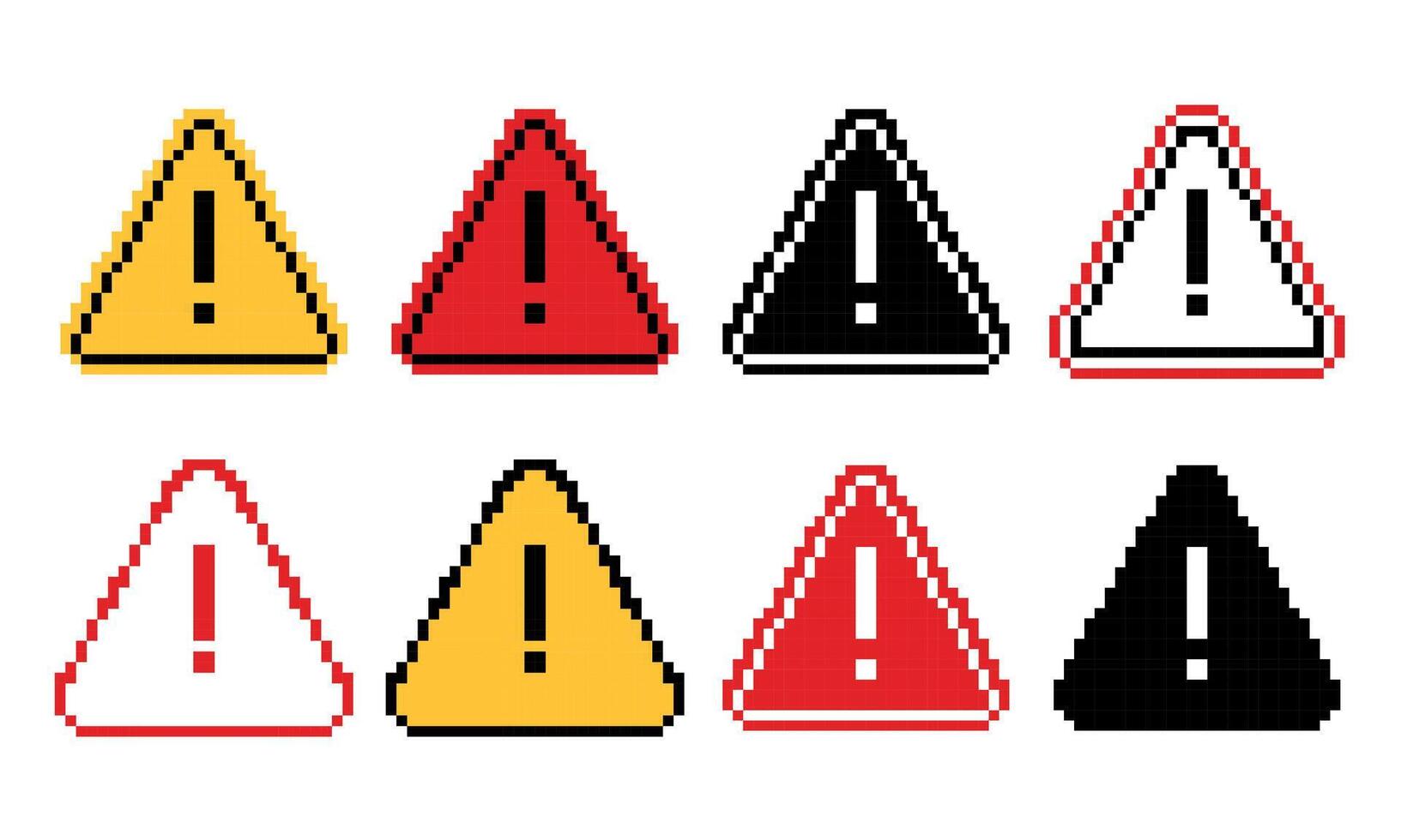 Set of pixel art danger exclamation marks sign. Caution alarm, attention pixel icons. Fatal error warning message. Retro game effect. 8 bit button. 2D sprite sheet vector