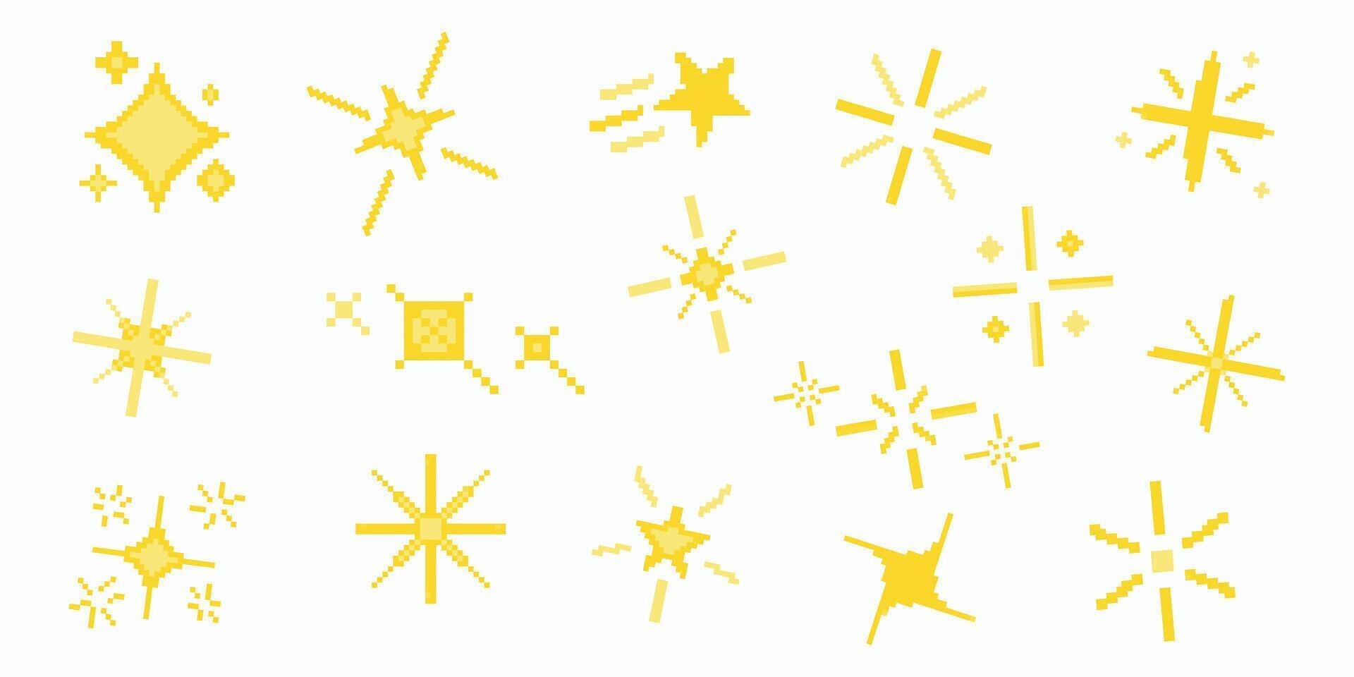 Set of pixel art star, sparkle, starburst. Shiny retro game effect. 8 bit firework burst, space decoration. Bright yellow shining sparkles. 2D sprite sheet. vector