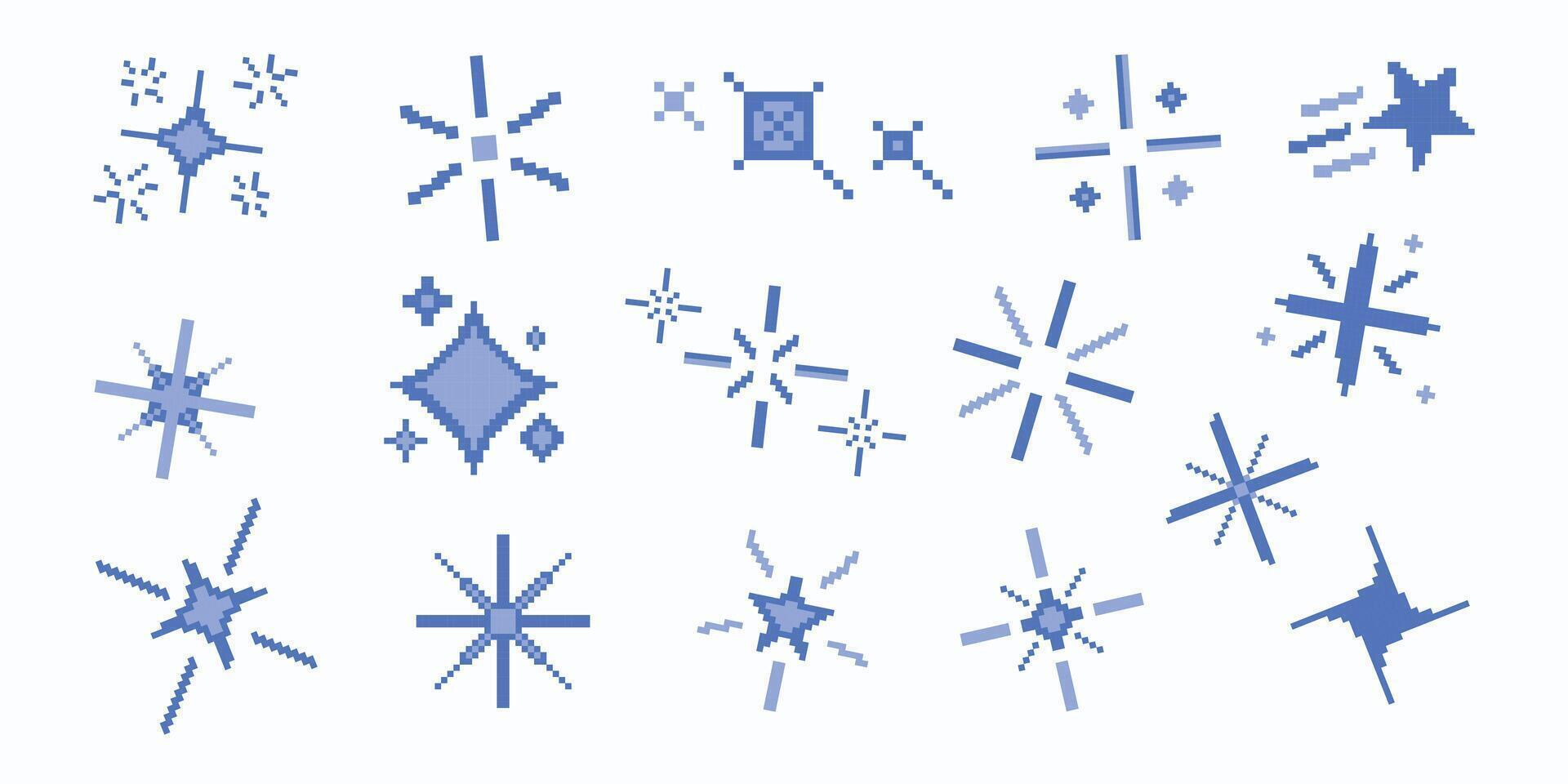Set of pixel art star, sparkle, starburst. Shiny retro game effect. 8 bit firework burst, space decoration. Bright blue shining sparkles. 2D sprite sheet. vector