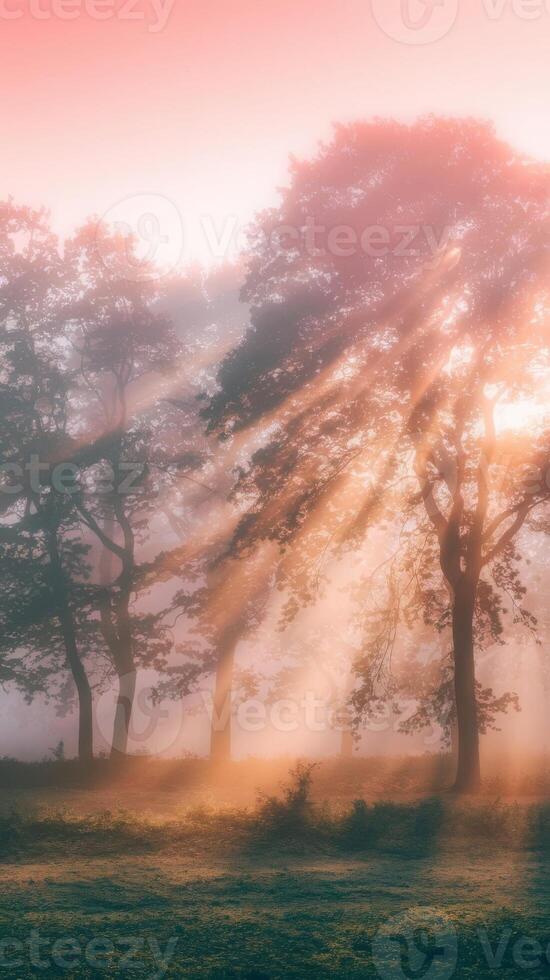 Sunbeams shine through trees in a foggy field photo