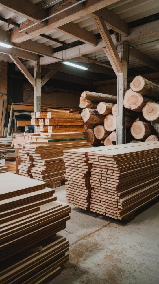 Wooden boards are stacked in a sawmill or carpentry shop drying and marketing of wood photo