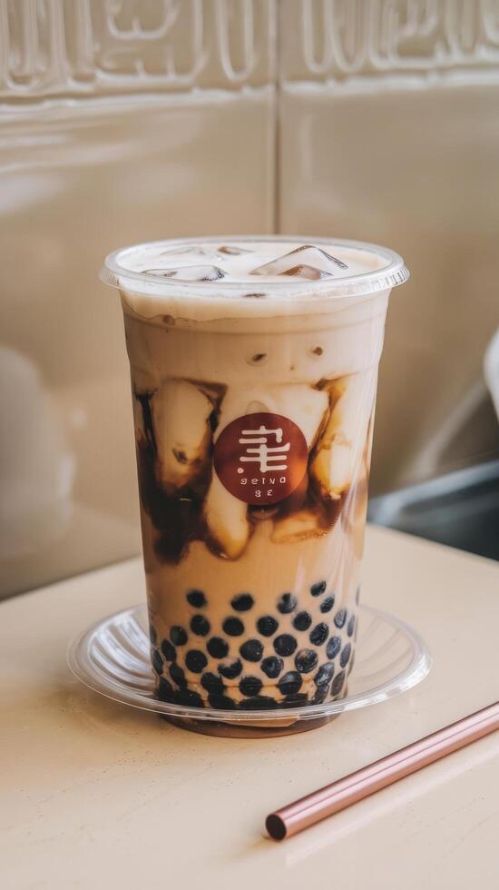 Twanese milk tea in a plastic cup with ice photo
