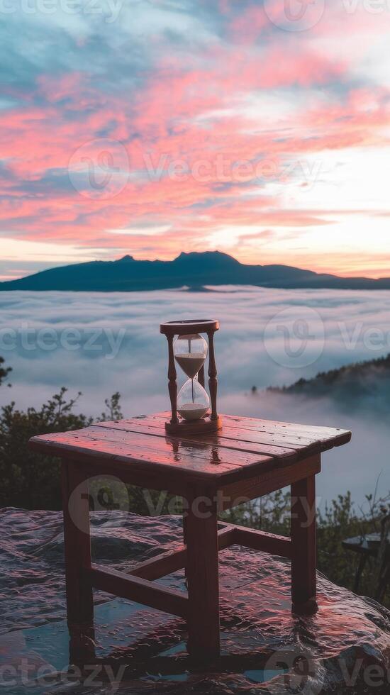 A wooden table with an hourglass on top of it overlooking the mountains photo