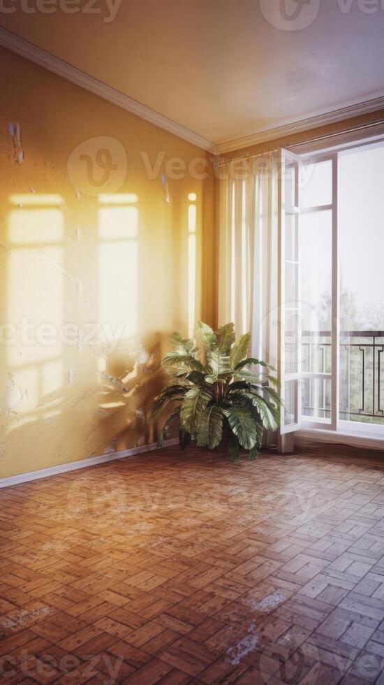 Empty room with yellow walls and wooden floor photo