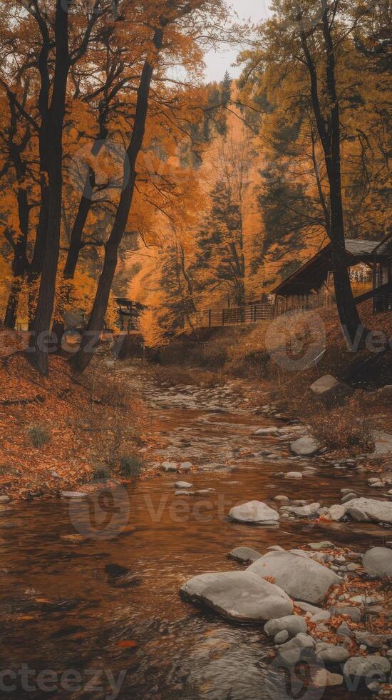 Autumn landscape with a stream and trees photo