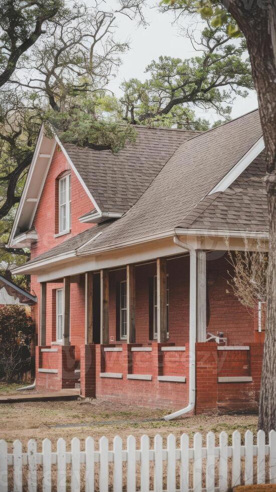 A red house with a white picket fence photo