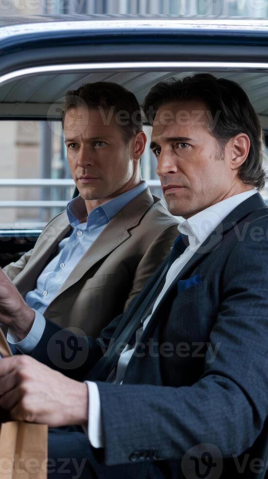 Two men in suits sitting in the back seat of a car photo